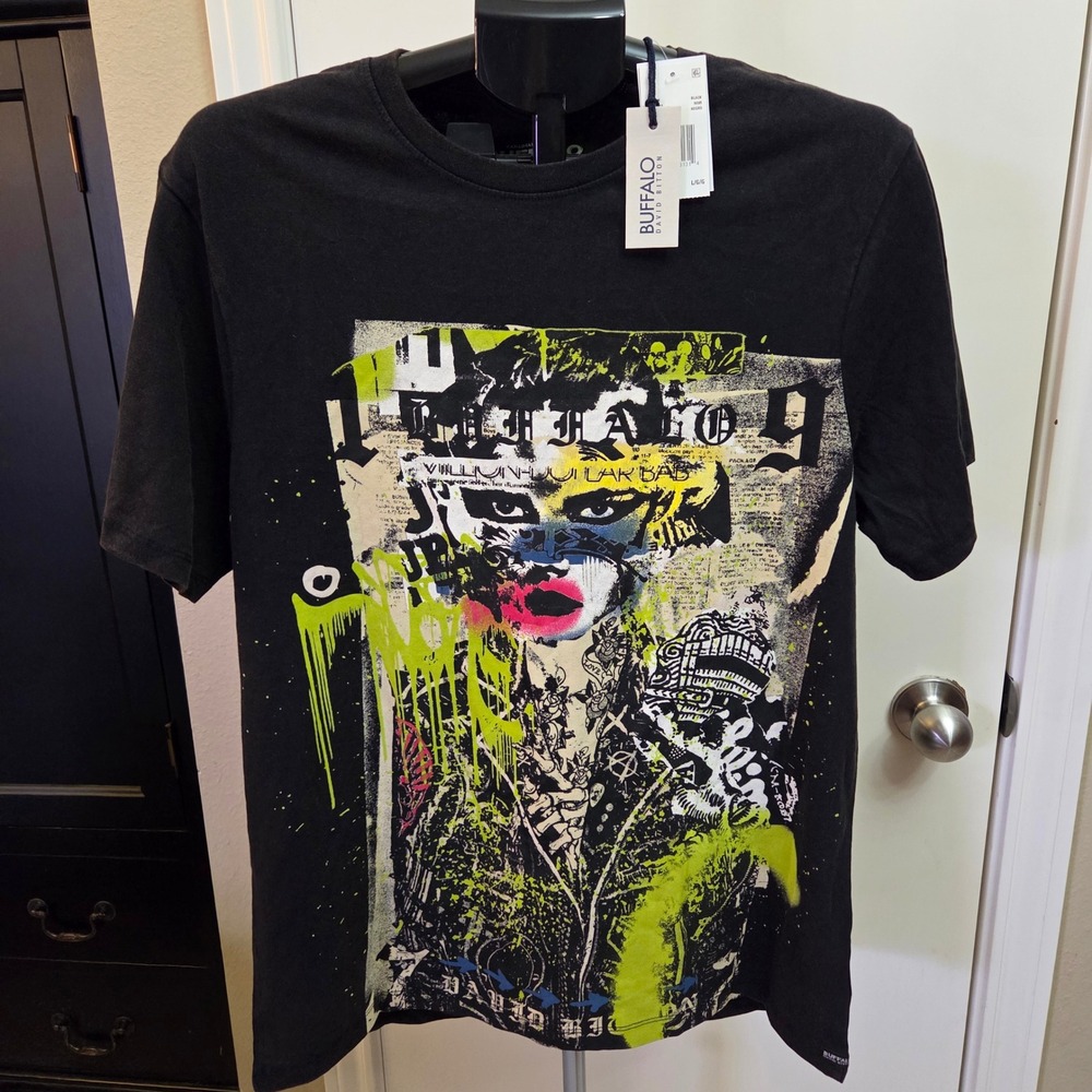 Buffalo David Bitton Mens Black Graffiti Graphic T-Shirt Neon Art Large NEW